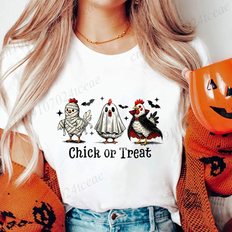 

Забавная женская одежда на Хэллоуин с курицей и цыпленком или жизнью, футболка с принтом для девочек, повседневный топ с короткими рукавами и круглым вырезом, женская одежда