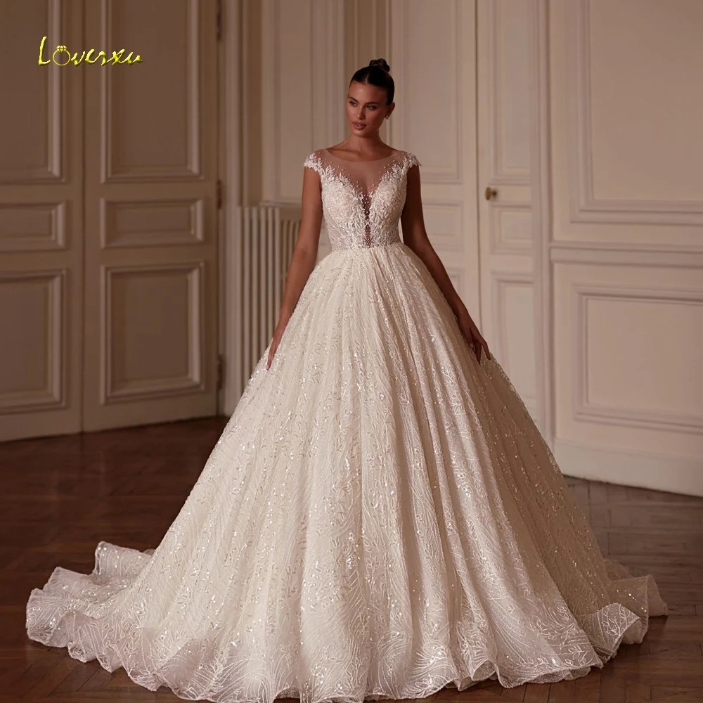

Loverxu Ball Gown Exquisite Wedding Dresses O-Neck Cap Sleeve Vestido De Novia Lace Embroidery Shiny Custom Made Robe De Mariee