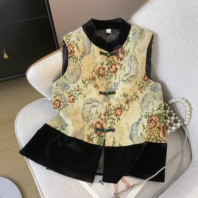 

Одежда Hanfu Tang без рукавов, женский атласный топ Chesongam, жилет, новые топы Cheongsam в китайском стиле, винтажная куртка на пуговицах