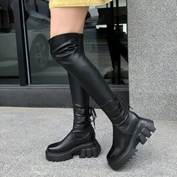 Sexy Leather Thigh High Boots Women Black Flat Over The Knee Boots for Women Round Toe Party Long Shoes Thick Sole Botas Mujer