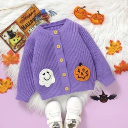 2024-05-31 Lioraitiin Baby Girls Halloween Knitted Cardigan Ghost Pumpkin Embroidery Crew Neck Sweater Coat Fall Winter Jacket