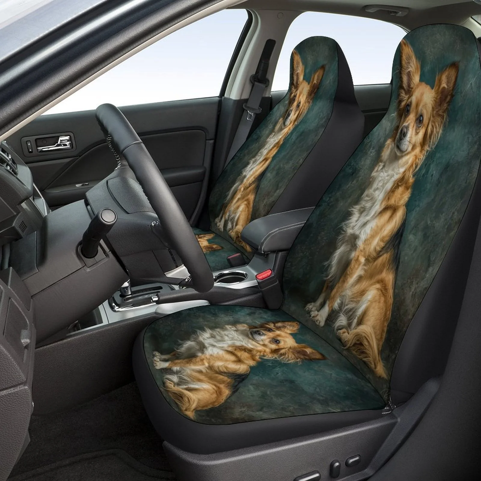 Set Of Car Seat Covers Featuring A Chihuahua Portrait, Designed For Various Vehicles. These Stylish And High-Quality Protectors