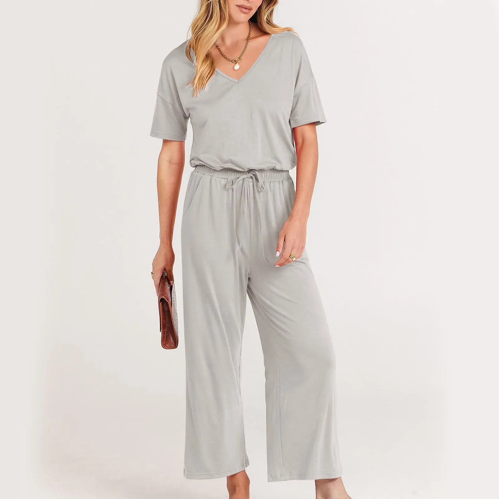 Summer Jumpsuits Fashion V-neck Short Sleeve Jumpsuit Women 2024 Loose Cropped Pants Jumpsuit Women's Solid Color Casual Jumpsui