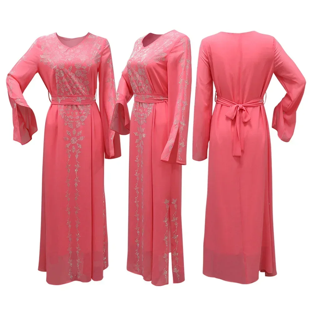 2pcs Set Chiffon Dress Belted Robe Muslim Women Diamonds V-neck Abaya Hijab Veil Gown Caftan Split Long Sleeve Loose Jalabiya