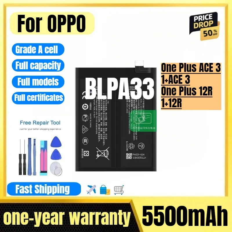 BLPA33 for OPPO One Plus ACE 3/1+ACE 3/One Plus 12R/1+12R Phone Battery High Quality High Capacity Replacement Bateria with Tool