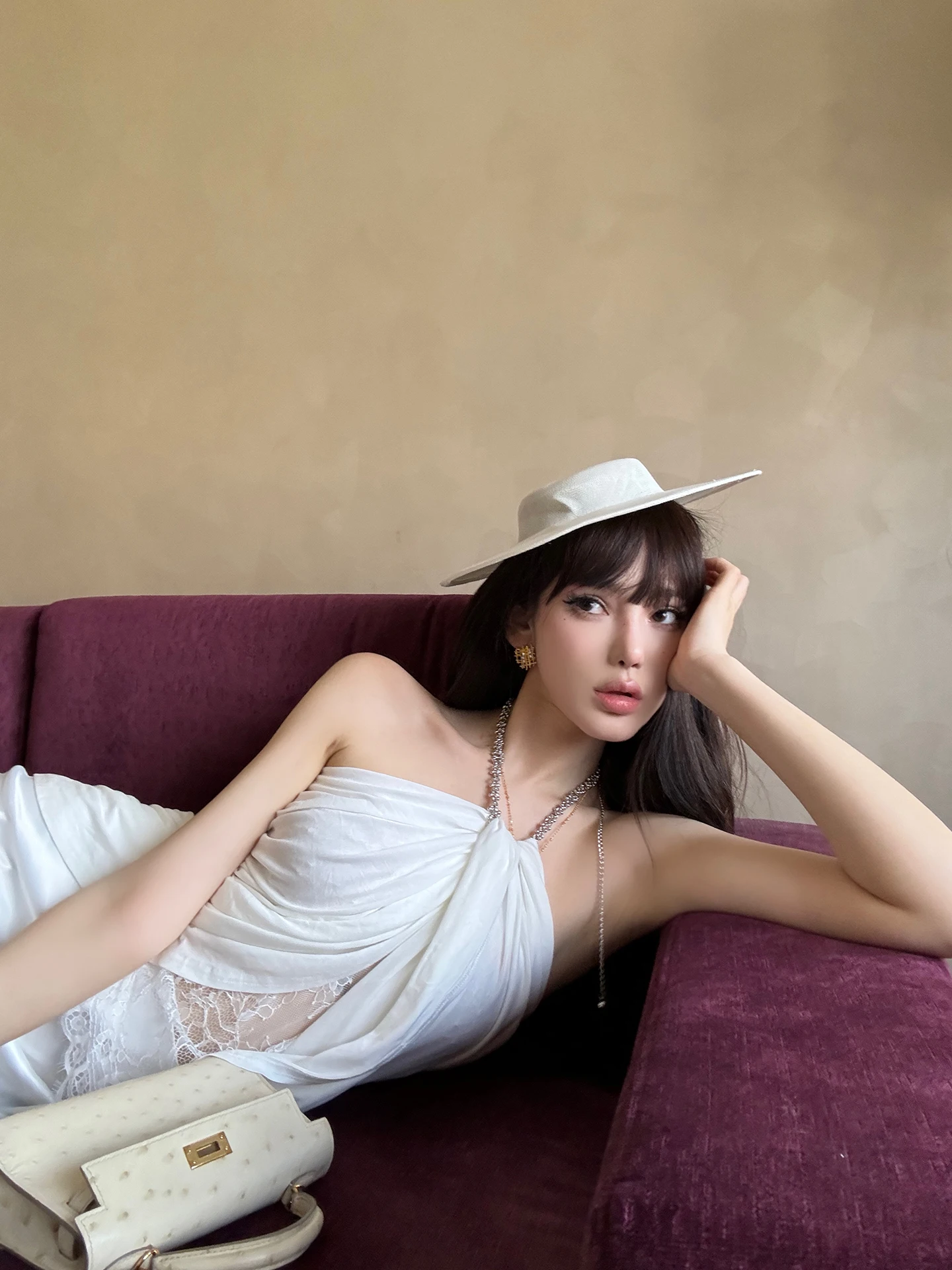 

ChiclyNana Sexy Bal One-oulder Vest Women's Svel Pure Desire Top White Hanging Ne Design Mid-Length Polyester ...