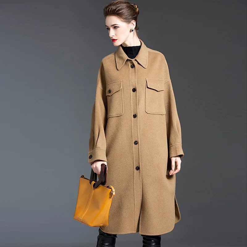 2024 Fashion Style Wool Coats Spring Autumn Cashmere Long Jackets Women Real Fur Black Coats Oversize