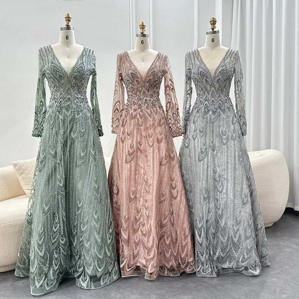 Jancember Luxury Beaded Muslim Pink Evening Dresses 2023 Elegant Sage Green Plus Size Woman Wedding Formal Party Gowns Sz033