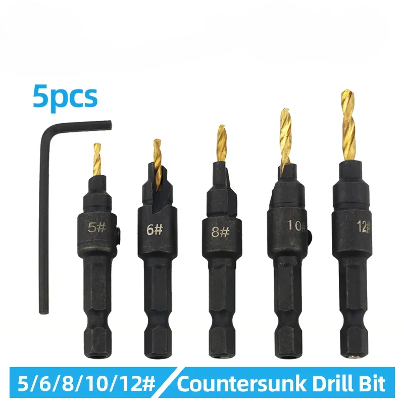 5pcs Countersink Drill Bit Set for Woodworking with High Speed Steel&Metal 1/4 Inch Hex Shank Drilling Pilot Holes for Screw