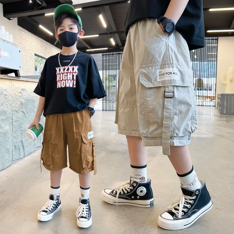 

Teenager Boys Casual Black Shorts Tweens Kids Summer Sport Solid Color Children Loose Cargo Shorts Pants New Arrivals Clothes