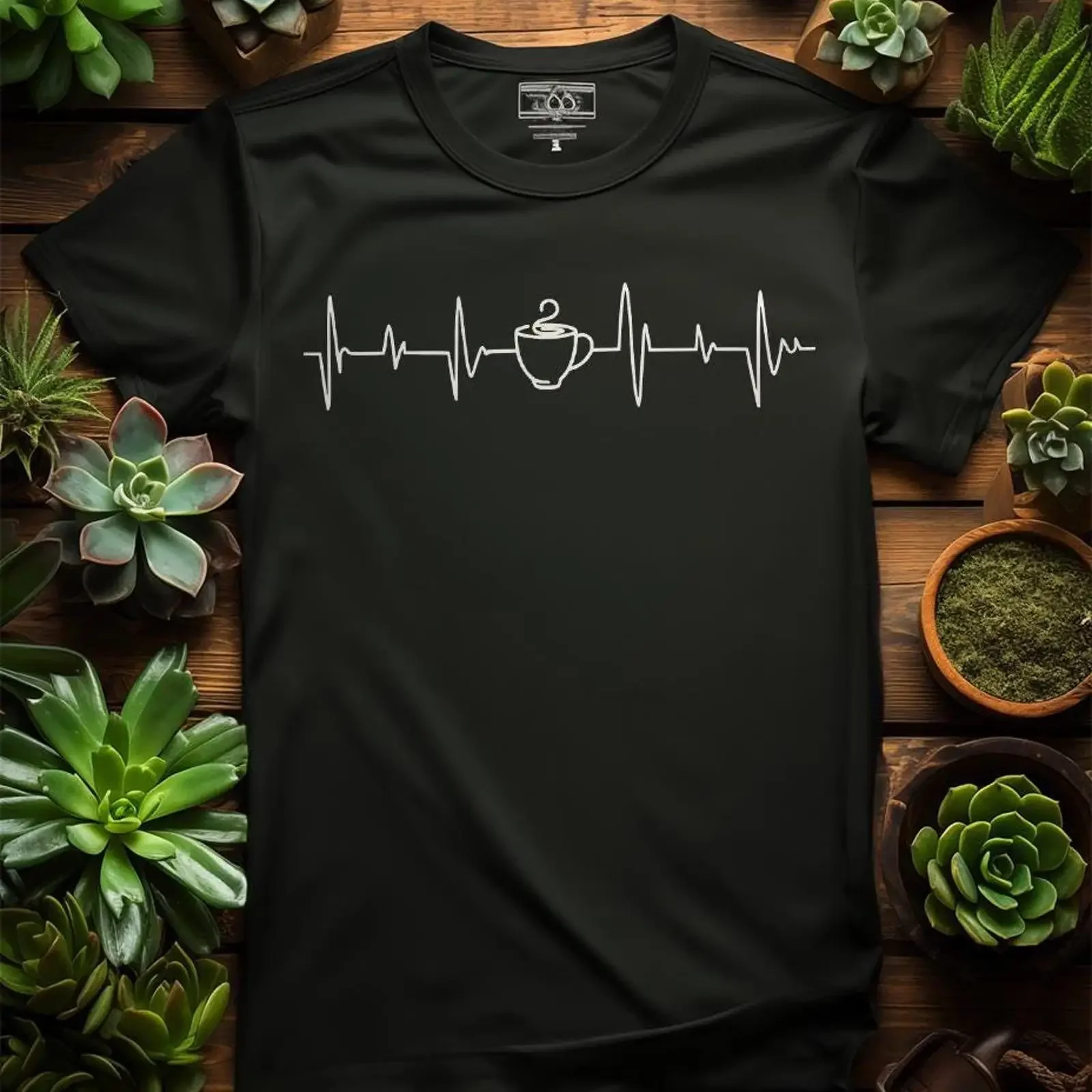 Coffee Heartbeat Print T Shirt Funny Lover Casual Cappuccino Latte Life  Top vintage Washed Versatile Slightly homme