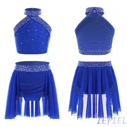 Girls Sparkly Rhinestones Lyrical Ballet Dance Dance Outfit Gymnastics Athletic Activewear Set Dancing Competition Performance