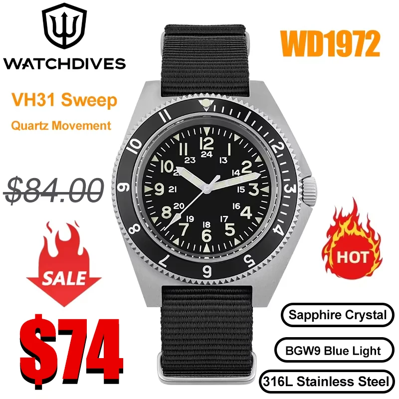Watchdives WD1972 Quartz Watch VH31 Sweep Seconds Movement Sapphire Crystal BGW9 Luminous 20Bar Waterproof Wristwatch