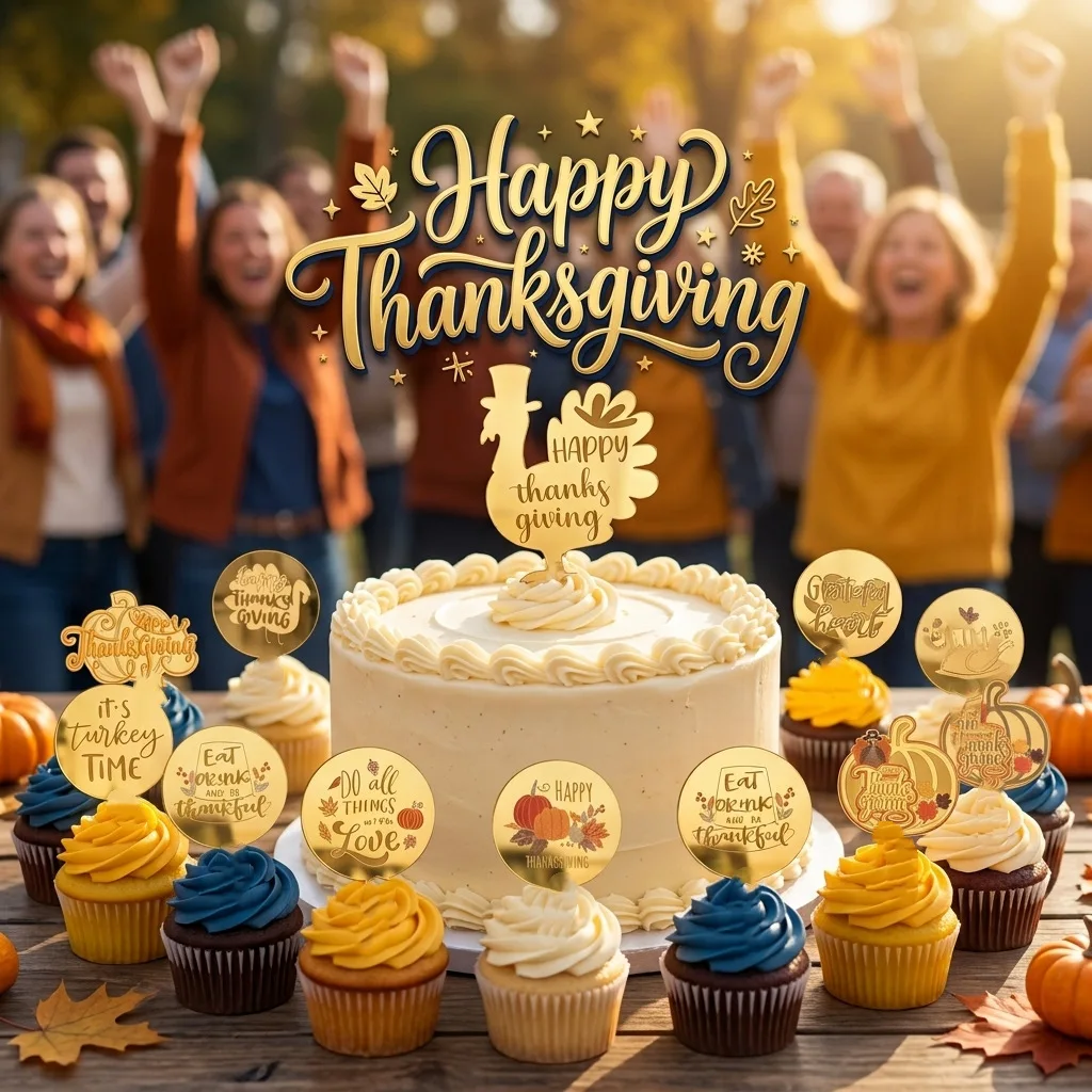 Décoration de gâteau pour fête de Thanksgiving, topper de cupcake 5 cm en acrylique doré, fournitures de pâtisserie pour cadeaux de fête de Thanksgiving