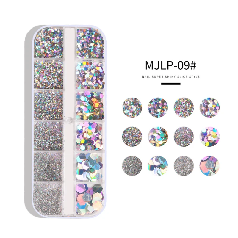 12 กริด/ชุดเล็บ Holographic Glitter Flakes 3D Sequins Paillette ผงขนาดผสมสําหรับตกแต่งเล็บเล็บเครื่องมือ