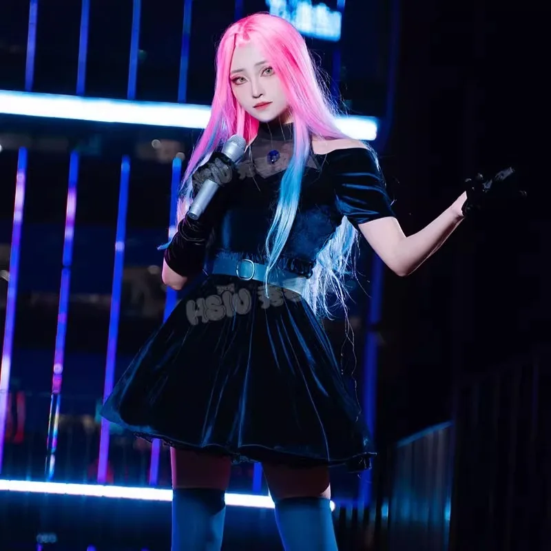 Anime Alien stage Mizi Cosplay Costume Stage Velvet Dress Pink Gradient Blue Purple Long Wig Suit for Women Roleplay Outfits
