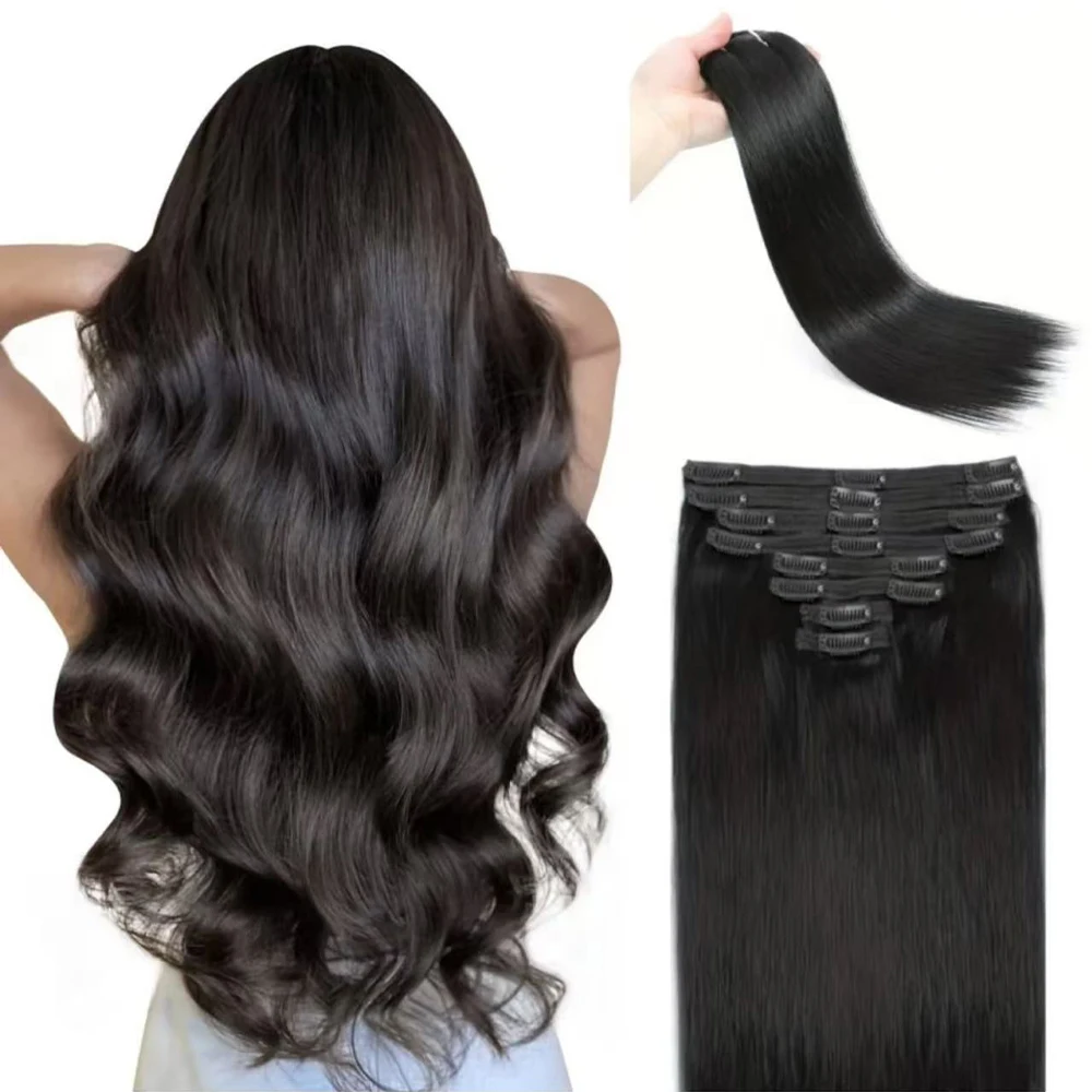 

120G 8pcs/set Brazilian Remy Human Hair Extensions - Natural Black Straight Clip-In Full Head for Women, Long-Lasting & Durable,