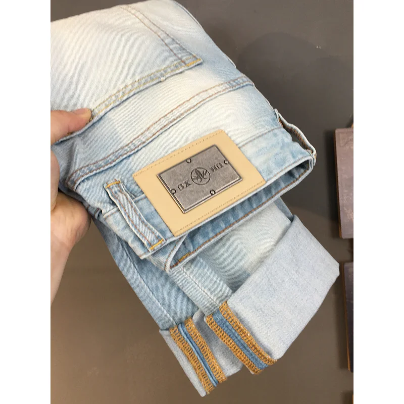 

Summer thin light blue jeans men's trendy brand retro ripped hole personality slim fit small straight leg cropped pants