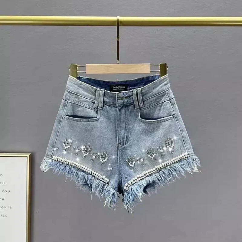 Fashion Beaded Diamond Rough Edge Denim Shorts Women's 2024 New Summer High Waist Loose Wide Leg Hot Pants Jean Shorts