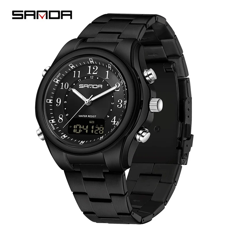 SANDA 3176 Men Quartz Watch Round Fashion Leisure Business Digital Dual Display Stainless Steel Strap Wrist Watches for Men