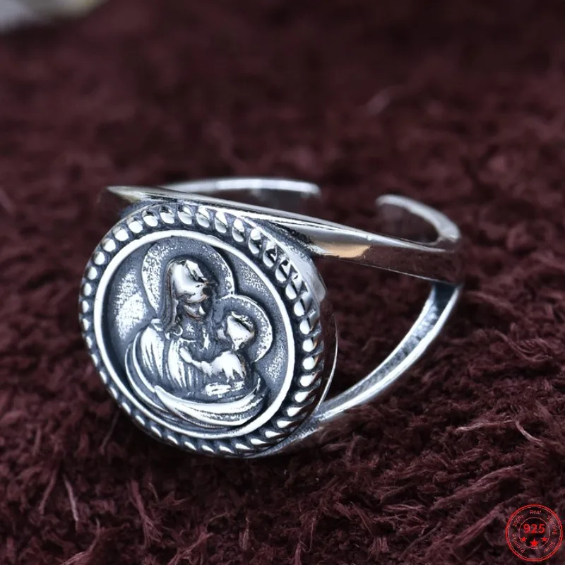 Genuine S925 Sterling Silver Rings for Men Women New Fashion Relief Virgin and Child Adjustable Size Amulet Vintage  Jewelry