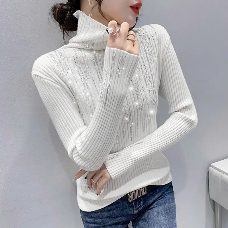 Autumn Winter New Fashion Turtleneck Slim Thick Sweaters Women\'s Clothing Letter Diamonds Spliced Long Sleeve Knitted Jumpers