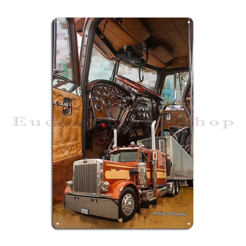 Peterbilt with Red Peterbilt background Old School Peterbilt Interior and Truck Metal Classic Create Customize Tin Sign Poster