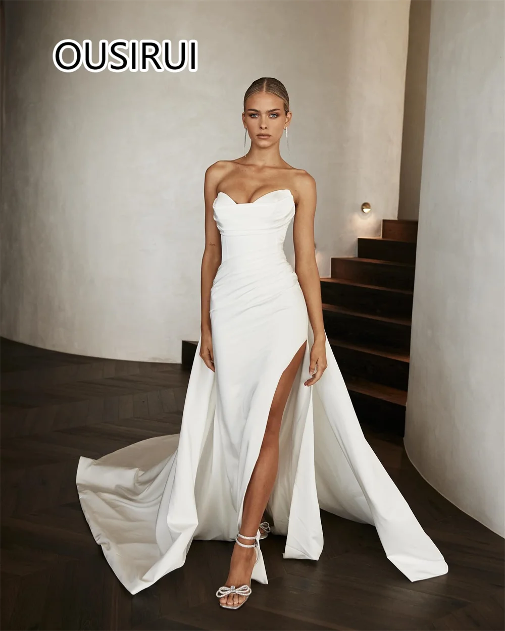 Oussirui modesto sem alças cetim plissado bainha elegante vestido de festa de casamento fenda lateral com vestido de casamento trian destacável