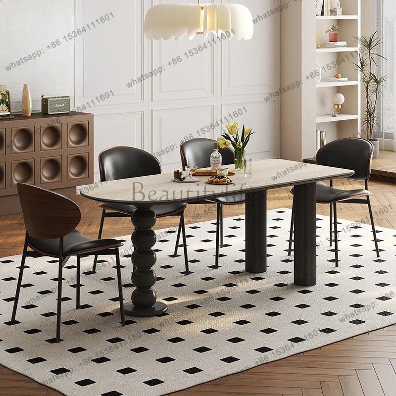 French retro rock slab dining table high-end dining table rock slab creative semi-oval island dining table and chairs