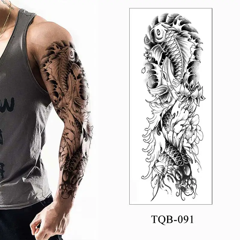 Men Temporary Tattoos Large Arm Sleeve Tattoo Sticker Dragon Tiger Fish Full Skull Totem Wolf Waterproof Fake Tattoo for Women