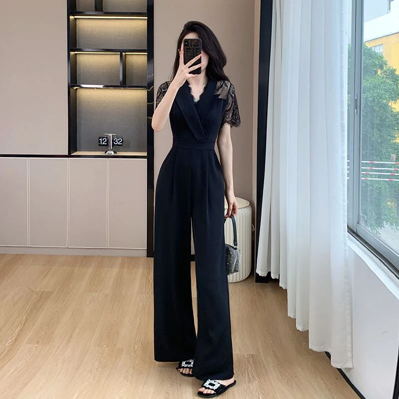 

Elegant Black Wide Leg Jumpsuit Women's Fashion Lace Patchwork One-Piece Suit Korean Style High Waist Long Pants Casual Pants