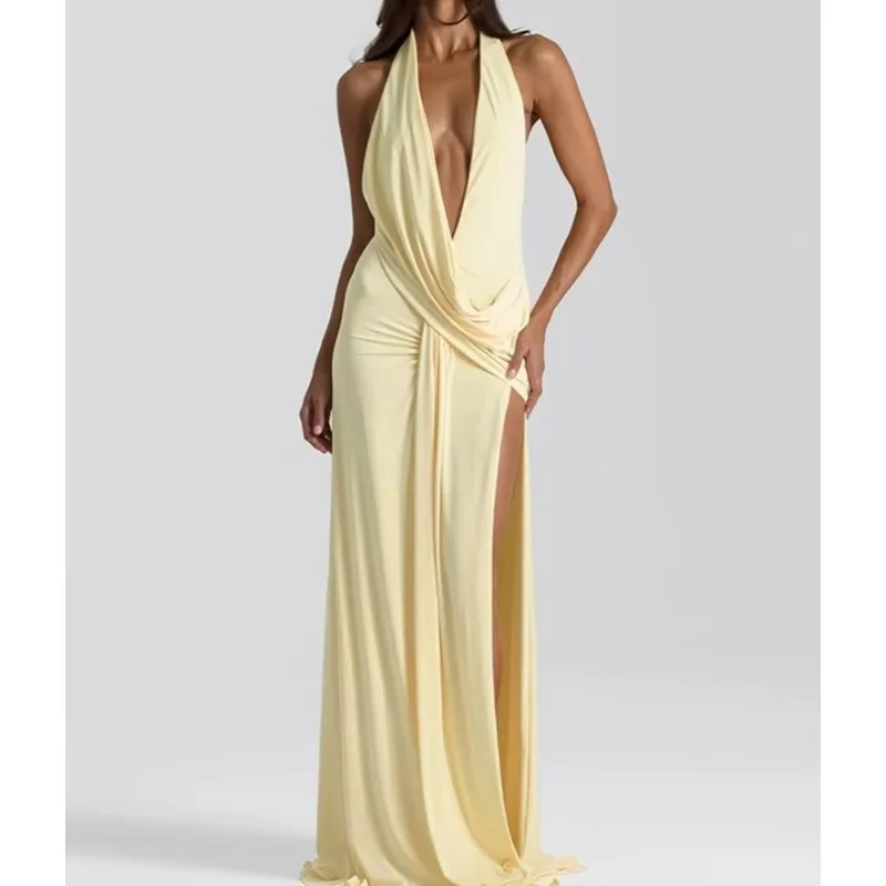 Deep V Neck Backless Sexy Maxi Dress Women Gown Fashion Irregular Sleeveless Thigh High Split Club Party Dresses