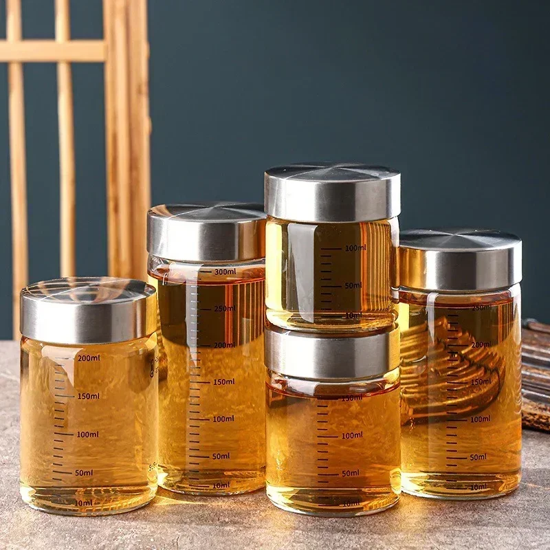 Bouteille en verre à haute teneur en Borosilicate de 100 à 500ml, avec échelle, pot en verre résistant à la chaleur, bouteille de stockage d'assaisonnement et d'épices de cuisine, Gadget