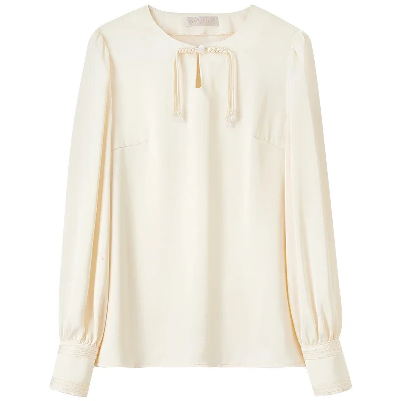 SENTUBILA Elegant Satin Blouse Women 2025 Spring Chiffon Straight Hollow Out Tassel O Neck Chinese Style Women Tops 143V58117X