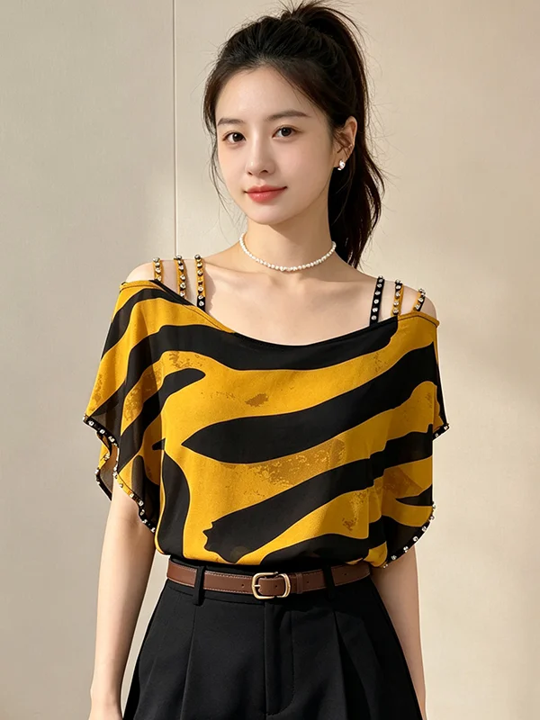 Elegant Summer 2026 Women's Fashion Print Chiffon Design Shoulder Bared Diamond Embellished T-Shirt Korean Style Loose Fit Da...