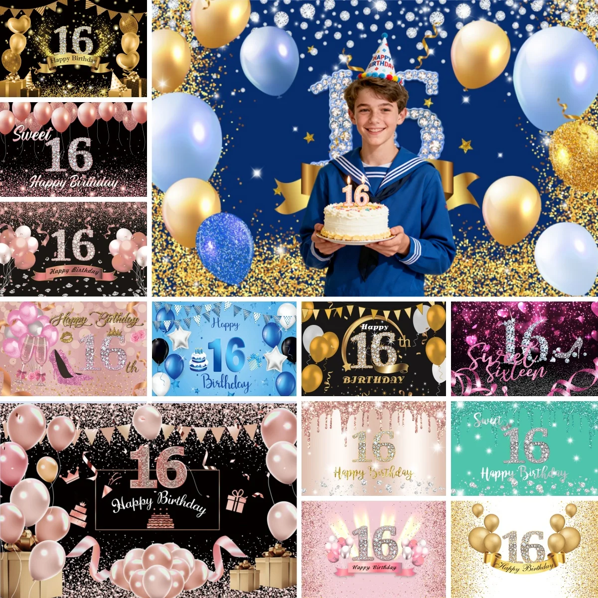 

Sweet 16th Birthday Party Backdrop Sparkling Diamond Glitter Balloons Boys Girls 16 Years Old Birthday Party Decor Background