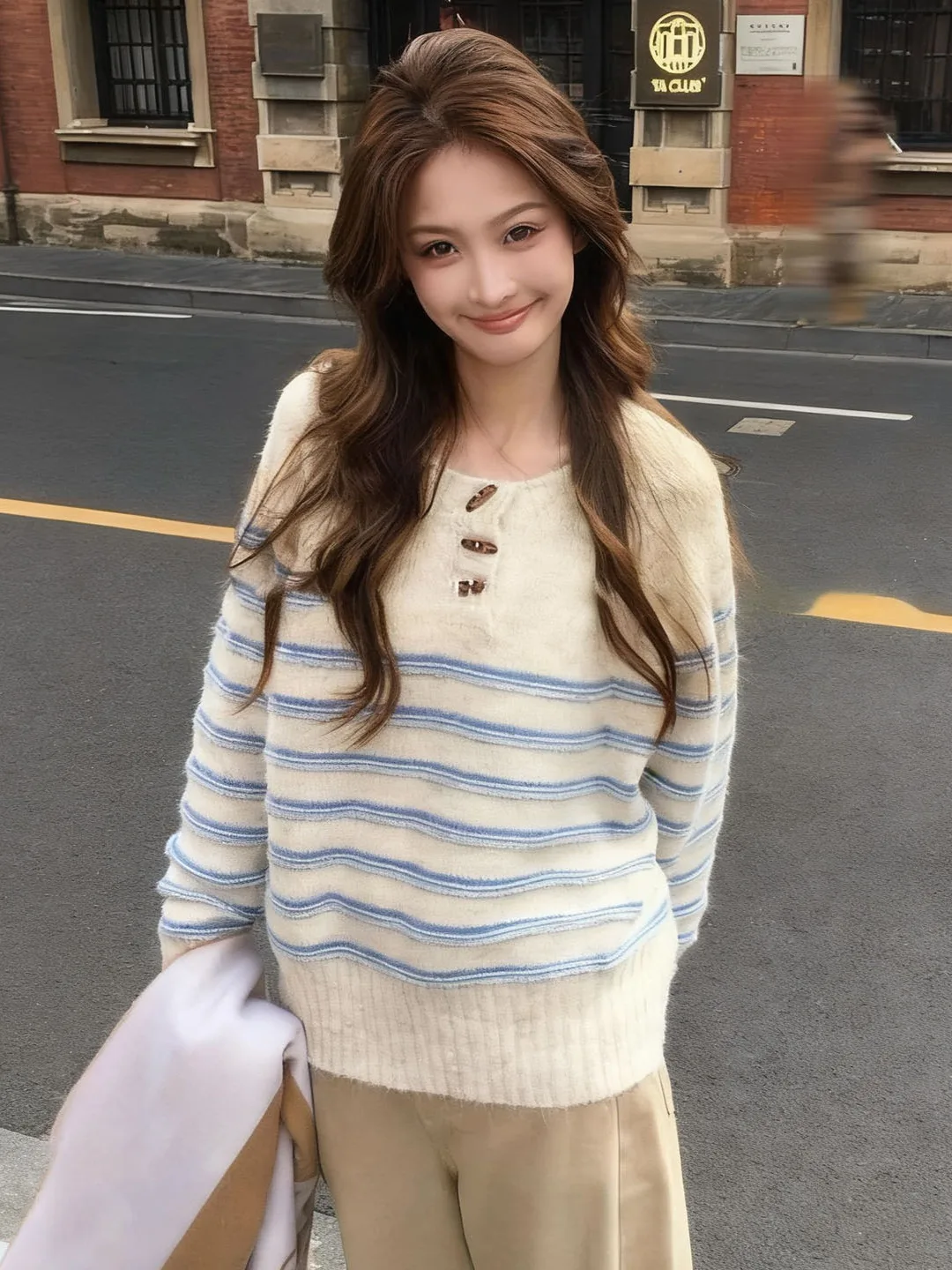 

Вязаный свитер на пуговицах в синюю полоску, женский тонкий осенне-зимний винтажный ленивый милый длинный свек, круглый топ Ne Top