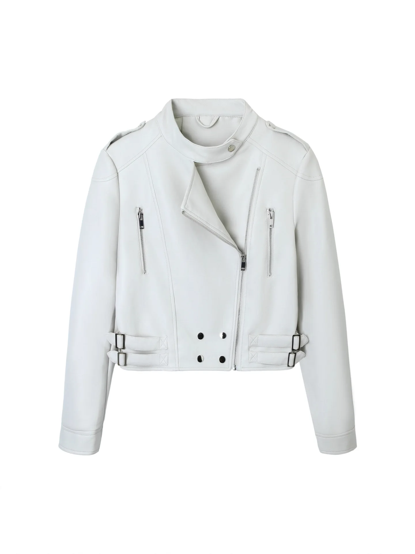 Spring and Autumn women's PU leather jacket with diagonal zipper motorcycle suit, round neck slim fit jacket, women's jacket