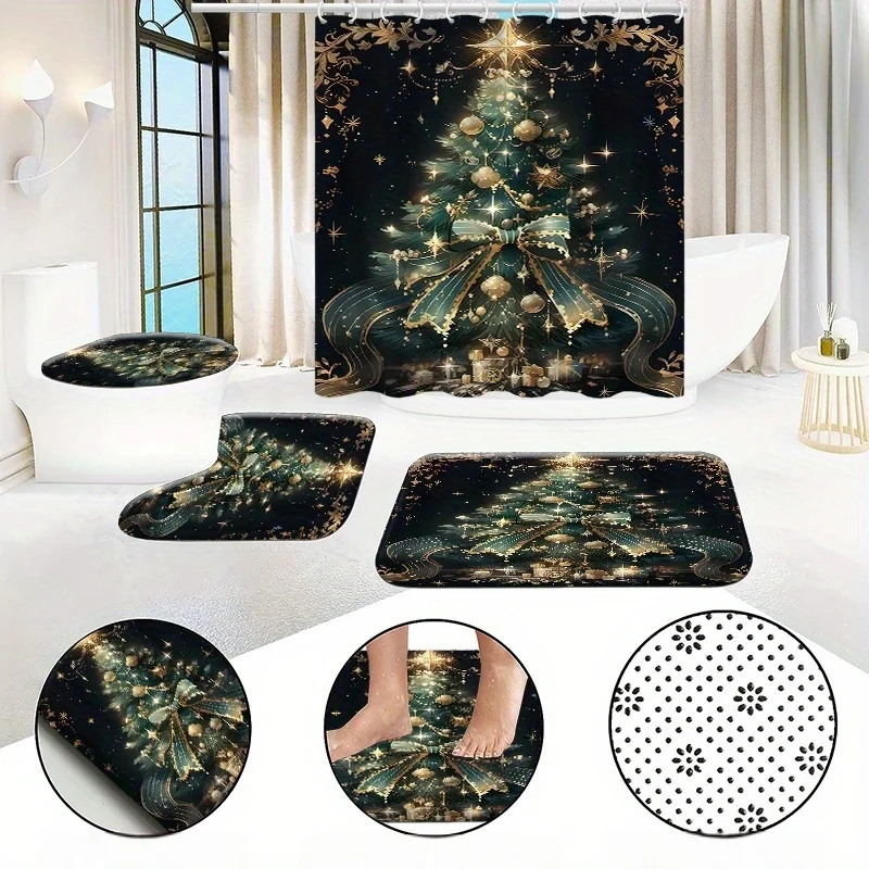 4Pcs Xmas Shower Set, 12 Hooks, Toilet Seat, Bath Mat & Rug, Non-Slip Pad, Toilet Cover, Curtain, Bathroom Accessories