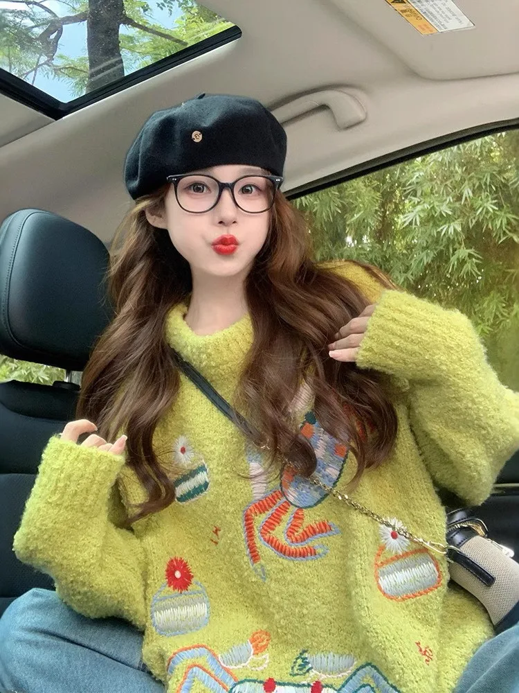 

2025 вязаная зимняя одежда, женская универсальная свободная одежда, простой стильный свитер, удобный винтажный свежий и милый свитер для поездок на работу