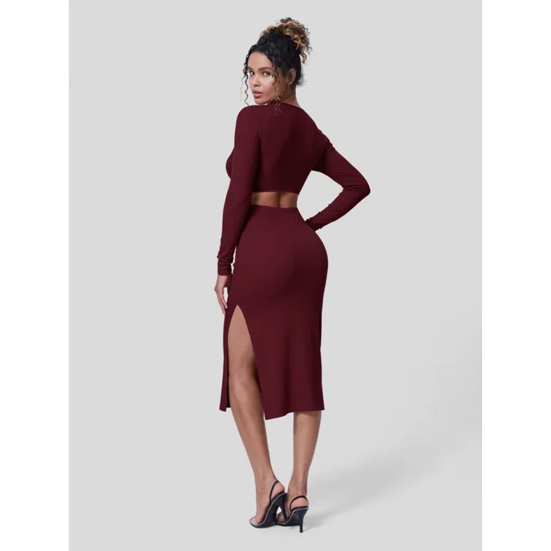 فستان YQ1-Women's ذو اللون الصلب المثير المجوف مقاس نحيف وأكمام طويلة