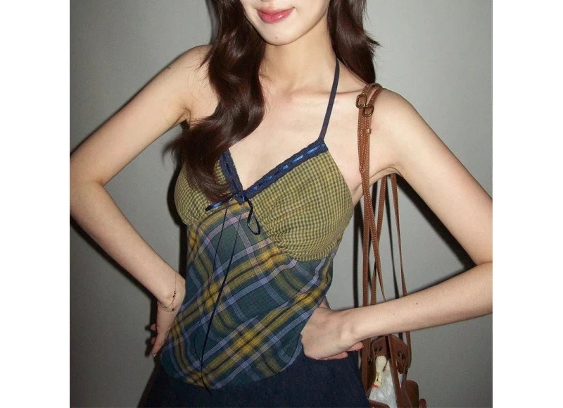 

Retro Plaid Sleeveless Vest Summer Short Design Slim Fit Women Tops