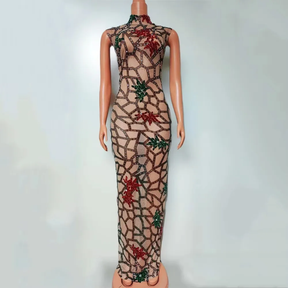 섹시한 민소매 롱 드레스 화려한 라인스톤 여성 투명 이브닝 가운 프롬, 생일, 캣워크, 무대 의상에 완벽