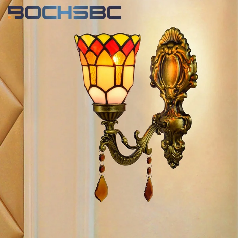 BOCHSBC Tiffany style color retro mirror front crystal wall lamp dining room bedroom bed wall lamp corridor balcony LED decor