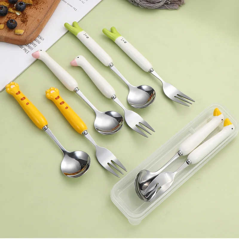 Cute Ceramic Handle Stainless Steel Spoon Fork Set Cartoon Animal Spoon Student Long Handle Tableware Set