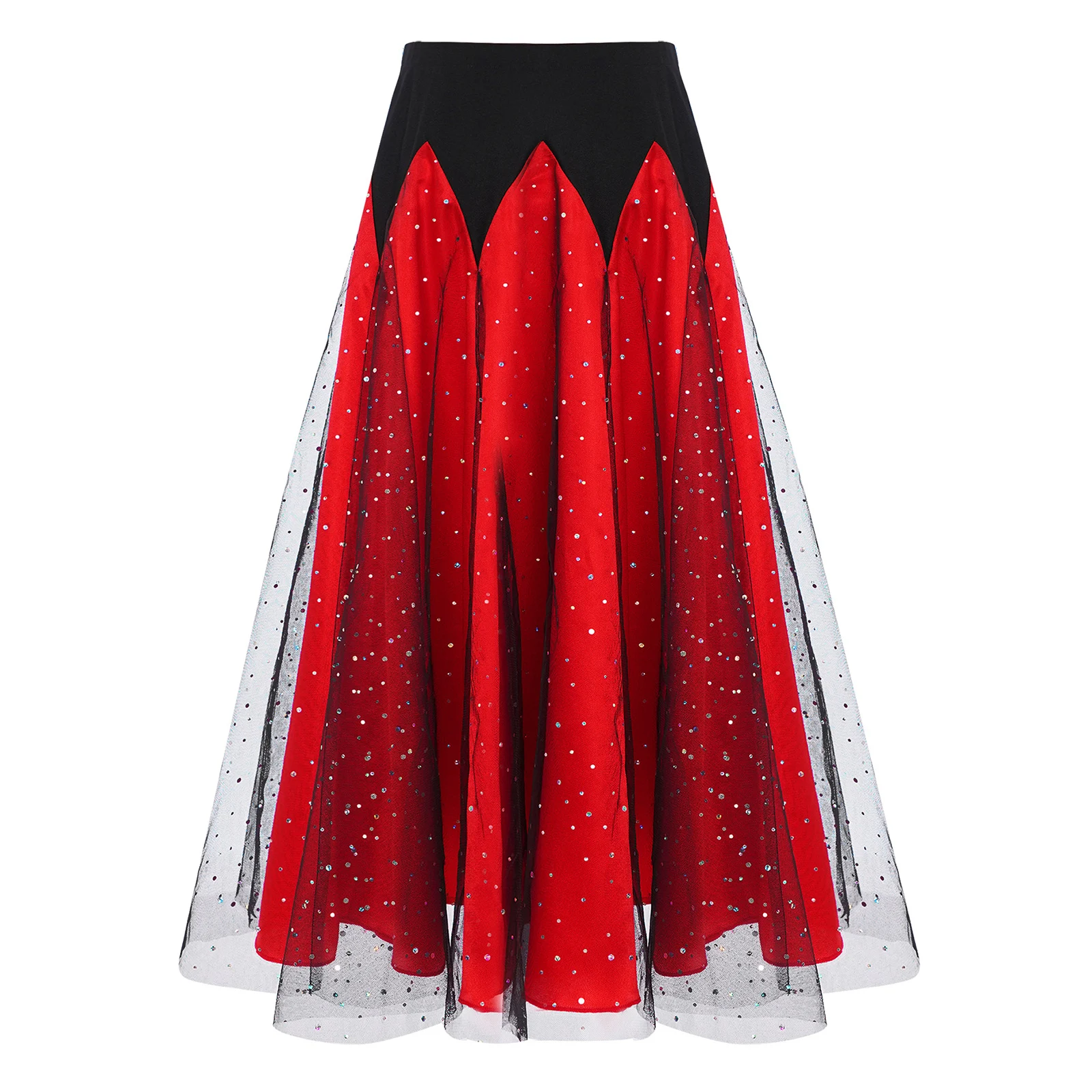 Abito da flamenco spagnolo per bambina, valzer, sala da ballo, gonne, paillettes scintillanti, blocco di colore, elastico in vita, gonna in tulle arricciato
