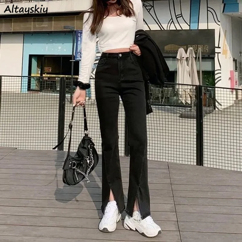 

Jeans Women High Waist Boot Cut Split Straight Slim Elasticity Wide Leg Floor Casual Retro Simple All-match Denim Pocket Button