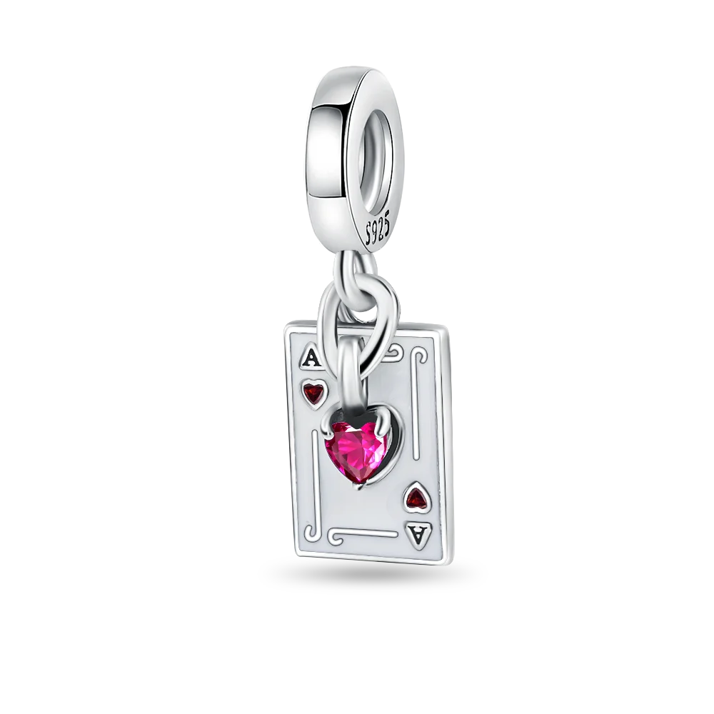 Silver Plated Ace of Hearts Charm Bead, Pink Heart Gem Playing Card Dangle Bead Fits European Bracelet Nice Lucky Romantic