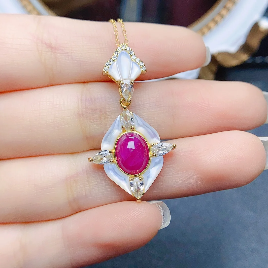 

FS 7*9mm Natural Ruby S925 Pure Silver Pendant Necklace With Certificate Fine Fashion Charm Weddings Jewelry for Women MeiBaPJ