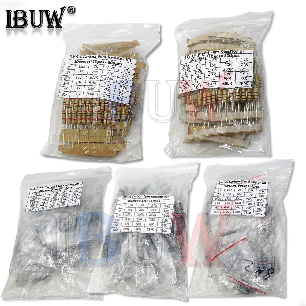 150PCS 300PCS Resistor Kit 1W 2W 3W 5W 5% 30values X 10PCS Carbon Film Resistance 0.1-750 ohm Set 1k-820K 30values X 5PCS